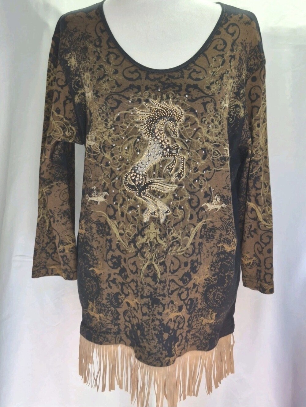 CACTUS BAY Apparel Boho Rhinestone Horse Fringe Hemline Women's Tunic Size XL